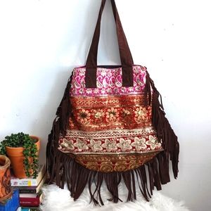 Boho Fringe Embroidered Sequin Embellished Banjara Hobo Tote Shoulder Bag